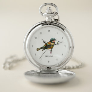 Cute Bird Colorful Watercolors Illustration Pocket Watch