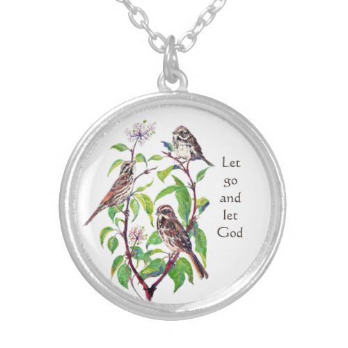 Cute Bird Family Inspiring Quote Let Go Let God Silver Plated Necklace