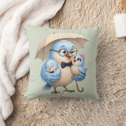 Cute Bird Family Throw Pillow