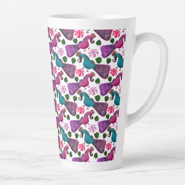 Cute Bird Floral Pattern | Colorful  Birds Latte Mug (Right)