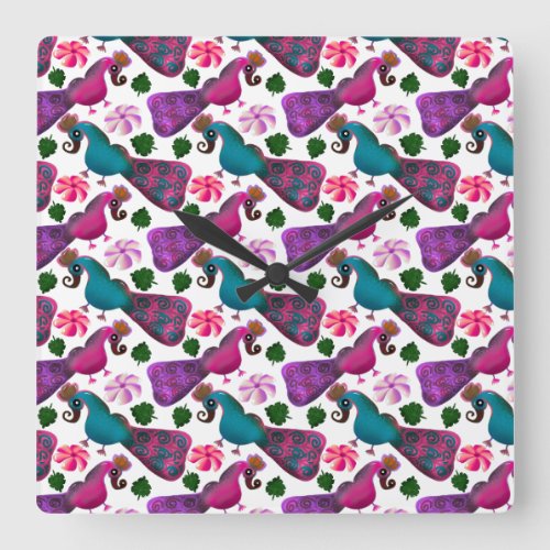 Cute Bird Floral Pattern | Colorful  Birds Square Wall Clock