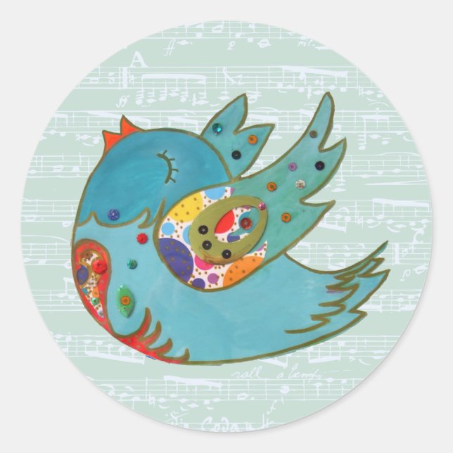 Cute bird flying and singing classic round sticker (Front)