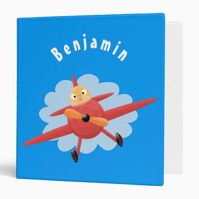 Cute bird flying red airplane cartoon illustration 3 ring binder (Front/Inside)