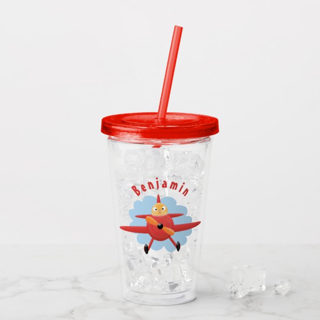 Cute bird flying red airplane cartoon illustration acrylic tumbler (Back Ice)