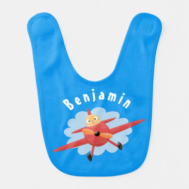 Cute bird flying red airplane cartoon illustration baby bib (Front)