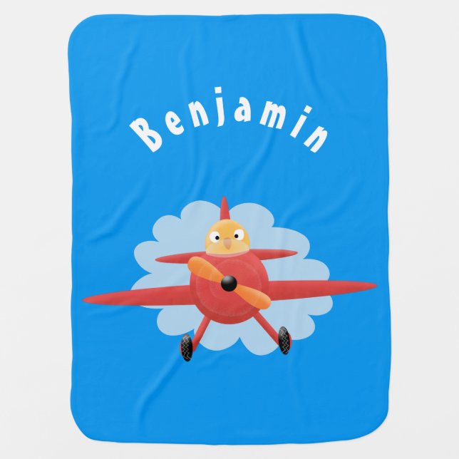 Cute bird flying red airplane cartoon illustration baby blanket (Front)