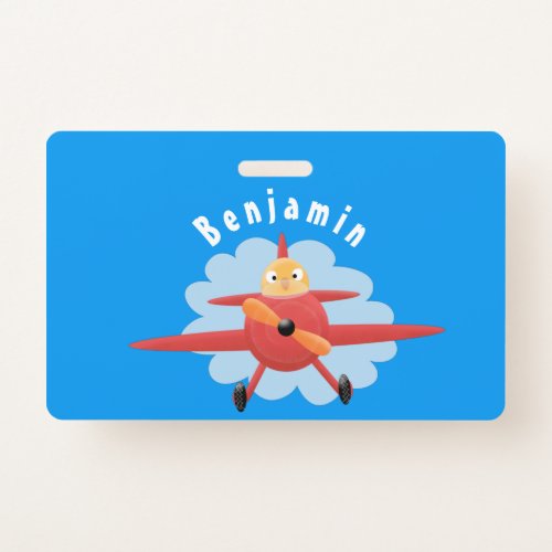 Cute bird flying red airplane cartoon illustration badge