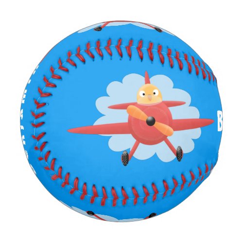 Cute bird flying red airplane cartoon illustration baseball