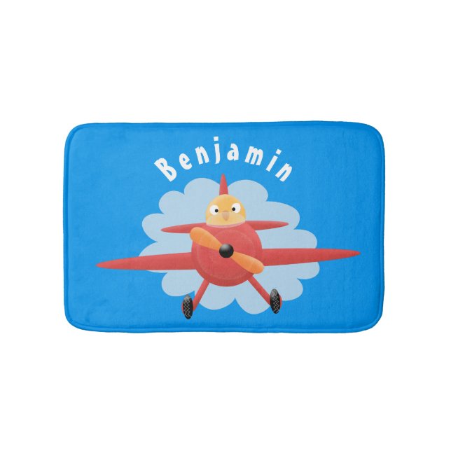 Cute bird flying red airplane cartoon illustration bath mat (Front)