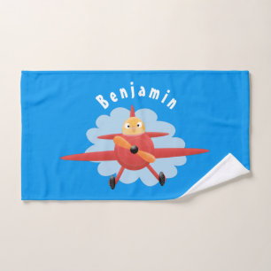 Cute bird flying red airplane cartoon illustration bath towel set