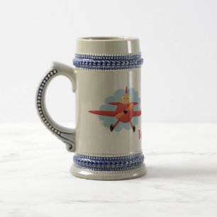 Cute bird flying red airplane cartoon illustration beer stein