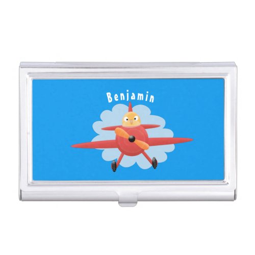 Cute bird flying red airplane cartoon illustration business card case