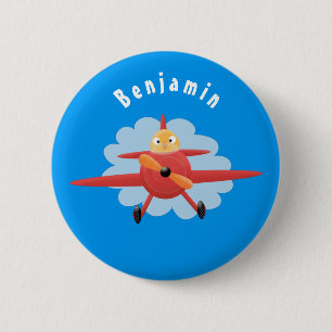 Cute bird flying red airplane cartoon illustration button