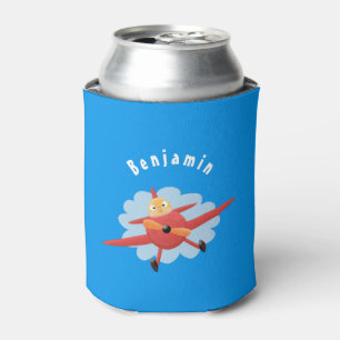 Cute bird flying red airplane cartoon illustration can cooler