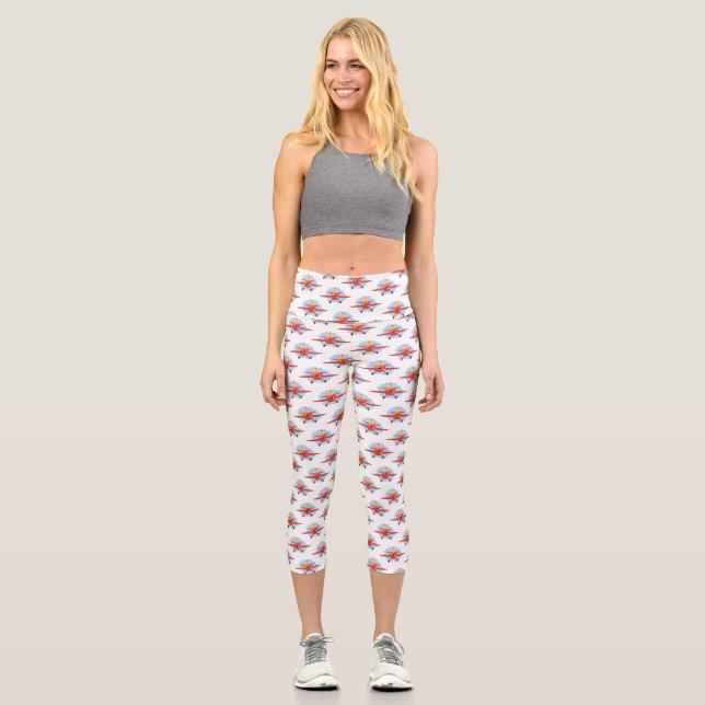 Cute bird flying red airplane cartoon illustration capri leggings (Front)