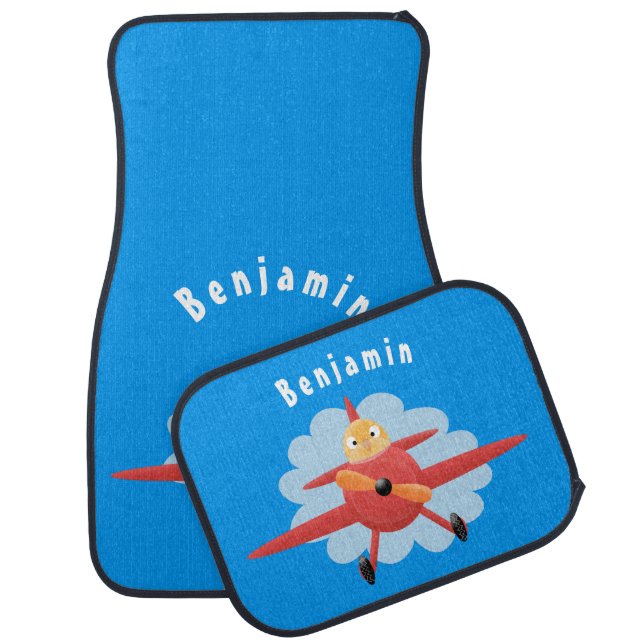 Cute bird flying red airplane cartoon illustration car floor mat (Set)