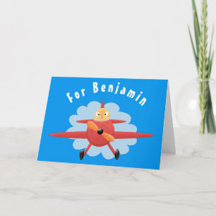 Cute bird flying red airplane cartoon illustration card