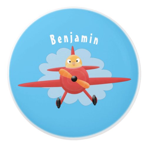 Cute bird flying red airplane cartoon illustration ceramic knob