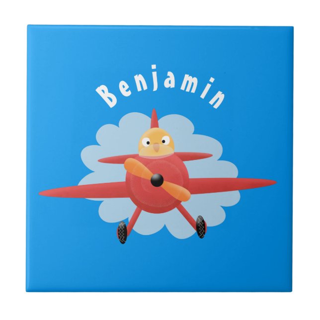 Cute bird flying red airplane cartoon illustration ceramic tile (Front)