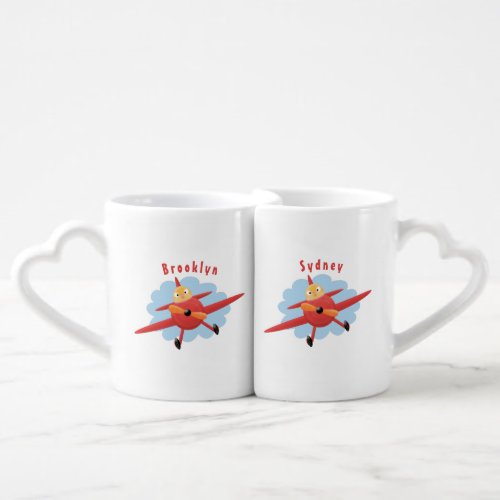 Cute bird flying red airplane cartoon illustration coffee mug set