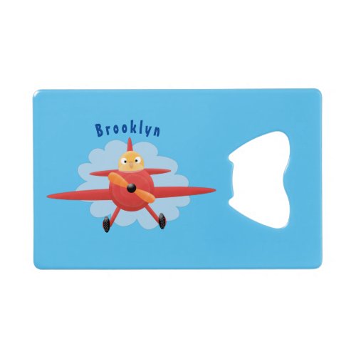 Cute bird flying red airplane cartoon illustration credit card bottle opener