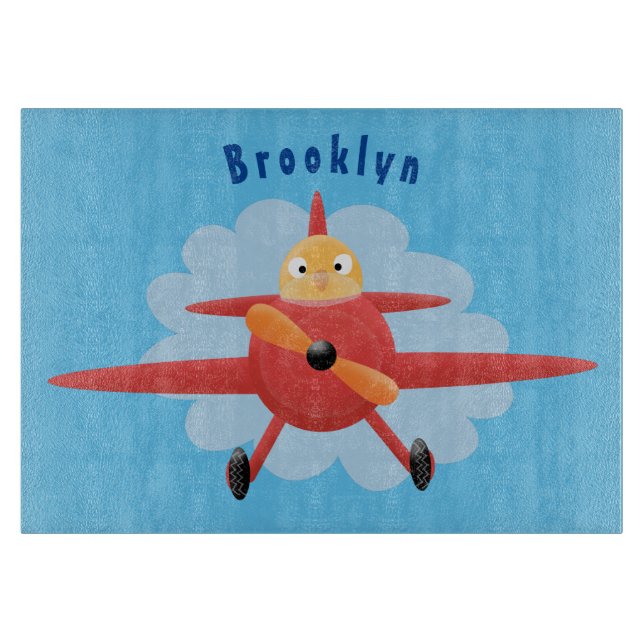 Cute bird flying red airplane cartoon illustration cutting board (Front)