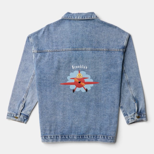 Cute bird flying red airplane cartoon illustration denim jacket (Back)