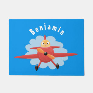 Cute bird flying red airplane cartoon illustration doormat