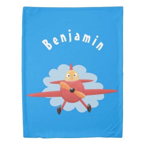 Cute bird flying red airplane cartoon illustration duvet cover
