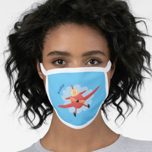 Cute bird flying red airplane cartoon illustration face mask