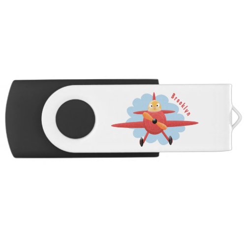 Cute bird flying red airplane cartoon illustration flash drive