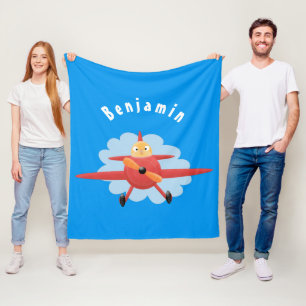 Cute bird flying red airplane cartoon illustration fleece blanket