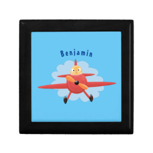 Cute bird flying red airplane cartoon illustration gift box