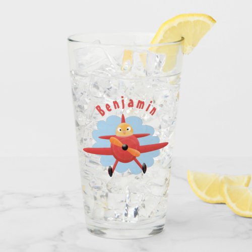 Cute bird flying red airplane cartoon illustration glass