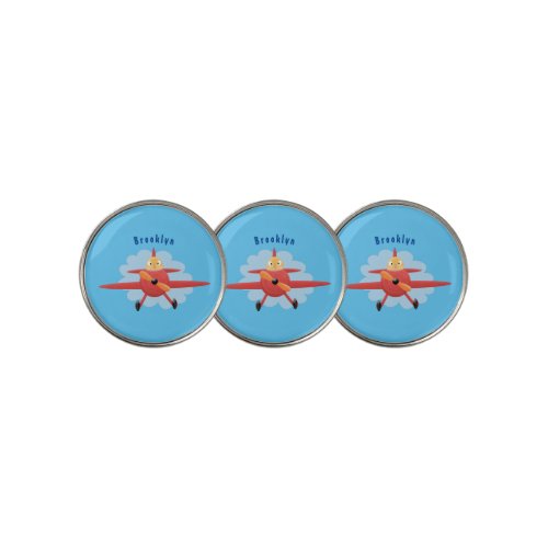 Cute bird flying red airplane cartoon illustration golf ball marker