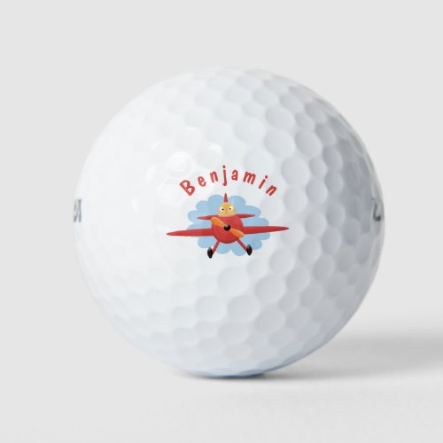 Cute bird flying red airplane cartoon illustration golf balls