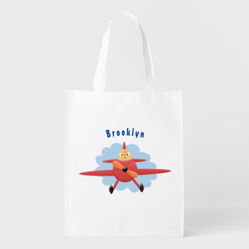 Cute bird flying red airplane cartoon illustration grocery bag