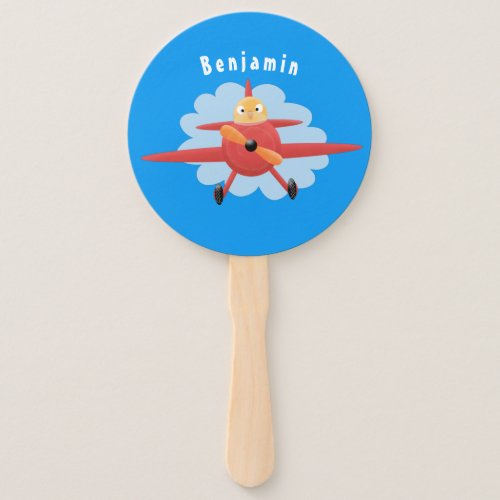 Cute bird flying red airplane cartoon illustration hand fan