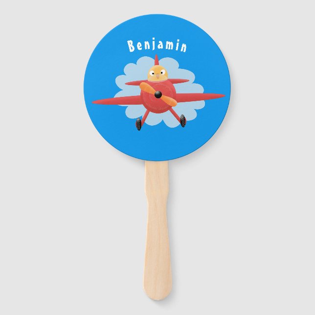 Cute bird flying red airplane cartoon illustration hand fan (Front)