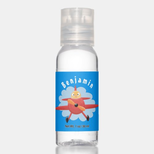 Cute bird flying red airplane cartoon illustration hand sanitizer