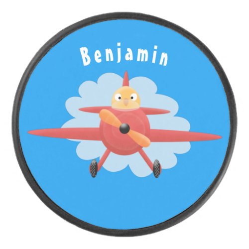 Cute bird flying red airplane cartoon illustration hockey puck