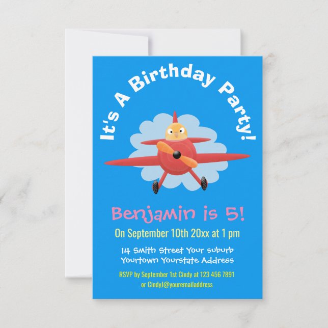 Cute bird flying red airplane cartoon illustration invitation (Front)
