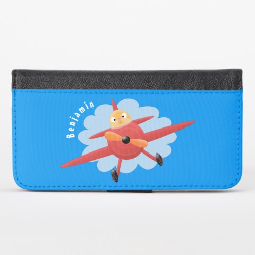 Cute bird flying red airplane cartoon illustration iPhone x wallet case