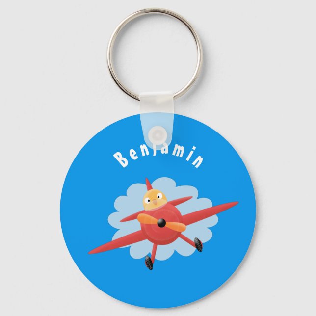 Cute bird flying red airplane cartoon illustration keychain (Front)