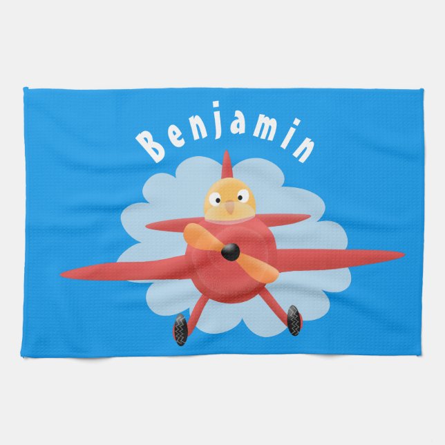 Cute bird flying red airplane cartoon illustration kitchen towel (Horizontal)