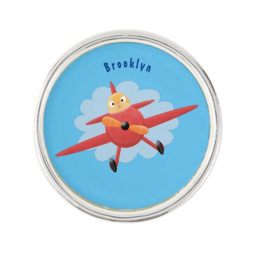 Cute bird flying red airplane cartoon illustration lapel pin