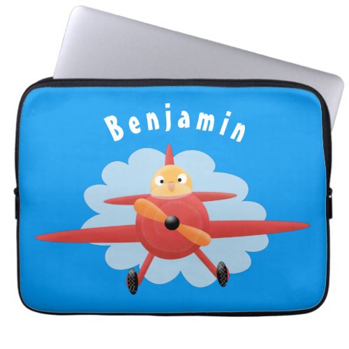 Cute bird flying red airplane cartoon illustration laptop sleeve