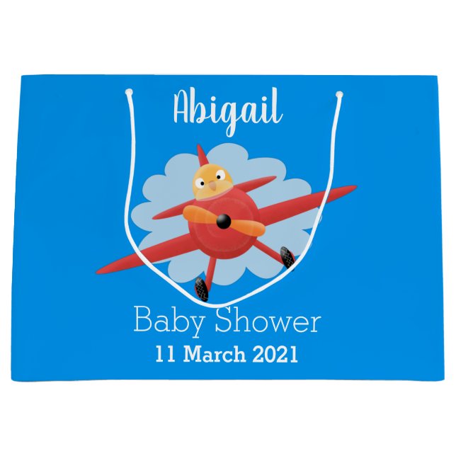 Cute bird flying red airplane cartoon illustration large gift bag (Front)