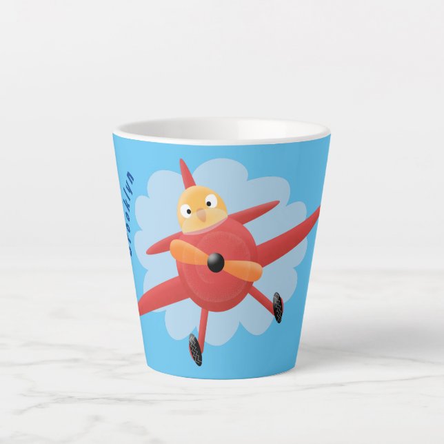 Cute bird flying red airplane cartoon illustration latte mug (Front)