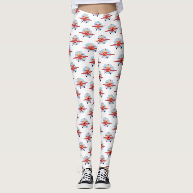 Cute bird flying red airplane cartoon illustration leggings (Front)